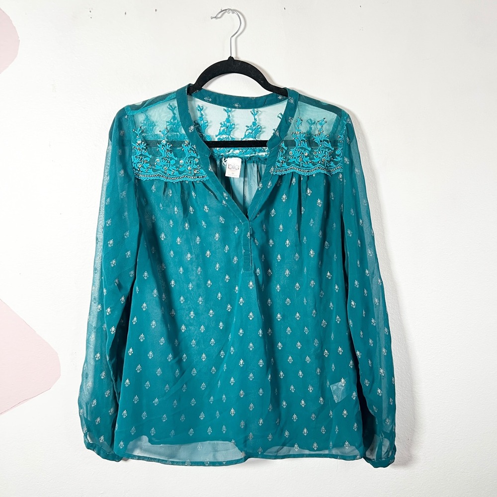 Bila Teal Blue Embroidered Mesh Sequin Blouse Medium Boho